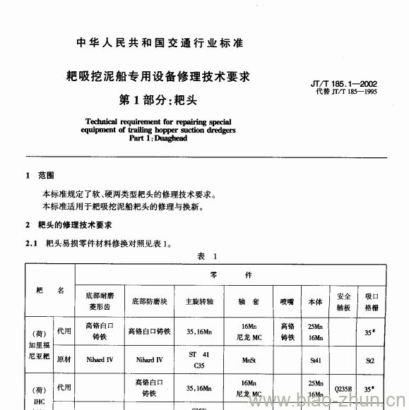 JT/T 185.1-2002 耙吸挖泥船专用设备修理技术要求第1部分:耙头