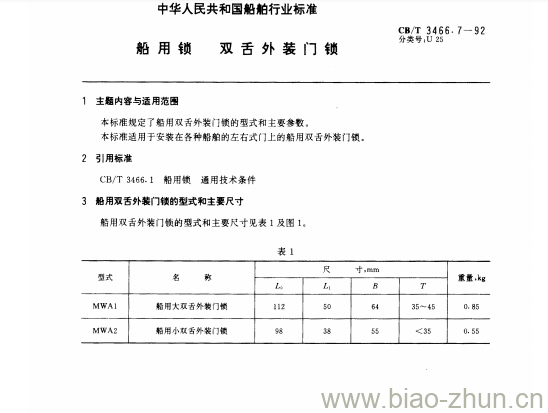 CB/T 3466.7-92 船用锁双舌外装门锁