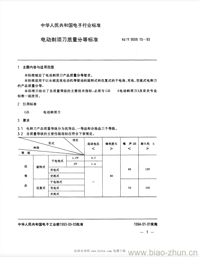 SJ/T 9559.15-1993 电动剃须刀质量分等标准