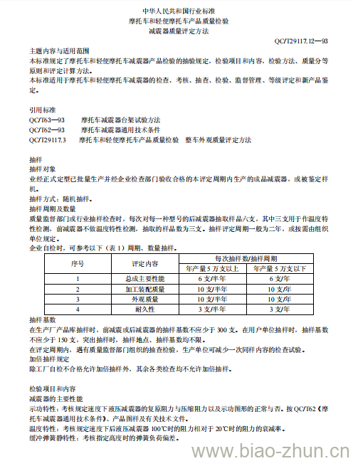 QC/T 29117.12-93 摩托车和轻便摩托车产品质量检验减震器质量评定方法