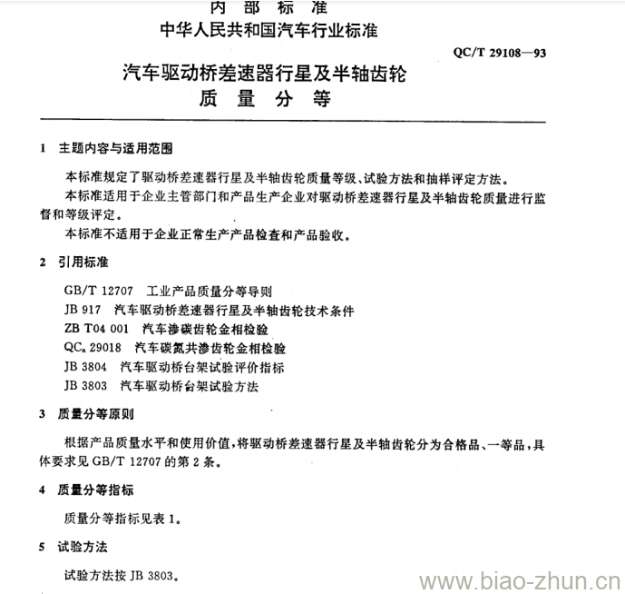 QC/T 29108-93 汽车驱动桥差速器行星及半轴齿轮质量分等