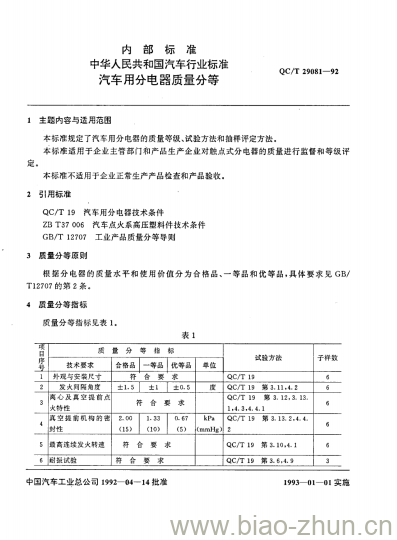 QC/T 29081-92 汽车用分电器质量分等