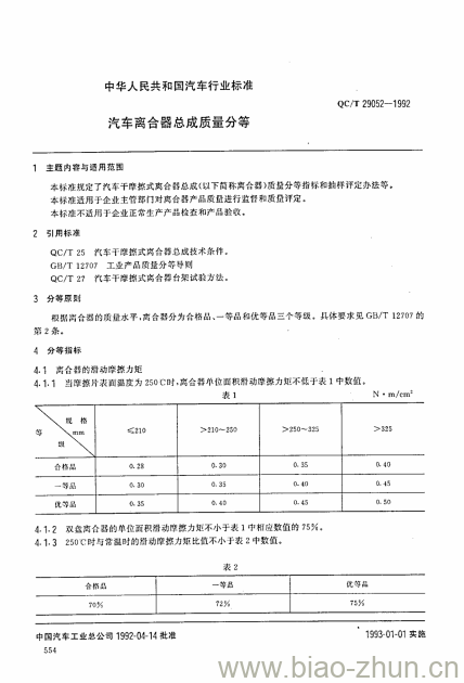 QC/T 29052-1992 汽车离合器总成质量分等