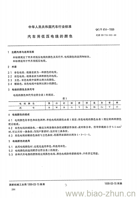 QC/T 414-1999 汽车用低压电线的颜色