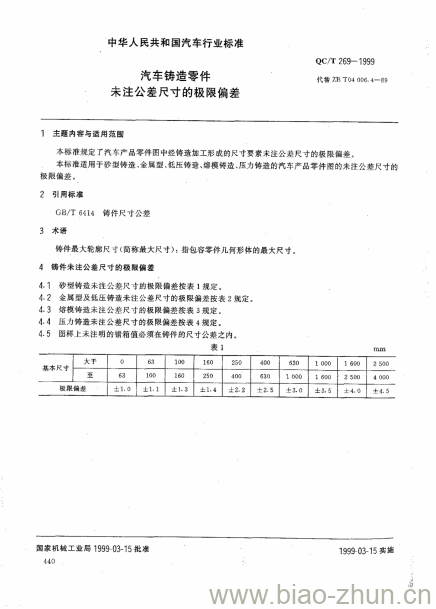 QC/T 269-1999 汽车铸造零件未注公差尺寸的极限偏差