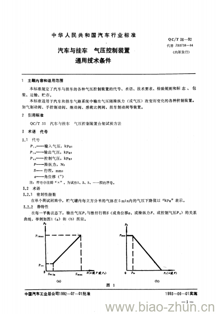 QC/T 36-92 汽车与挂车气压控制装置通用技术条件