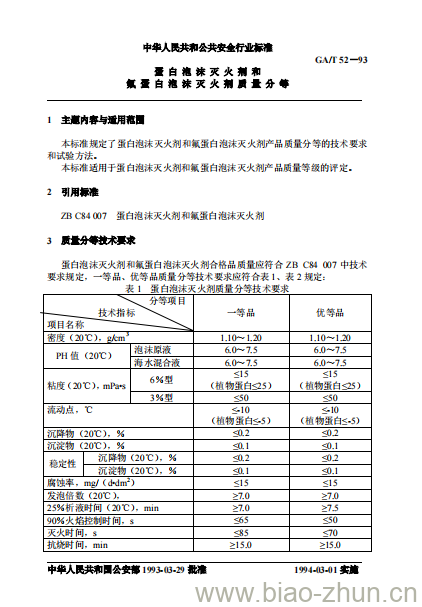 GA/T 52-93 蛋白泡沫灭火剂和氟蛋白泡沫灭火剂质量分等