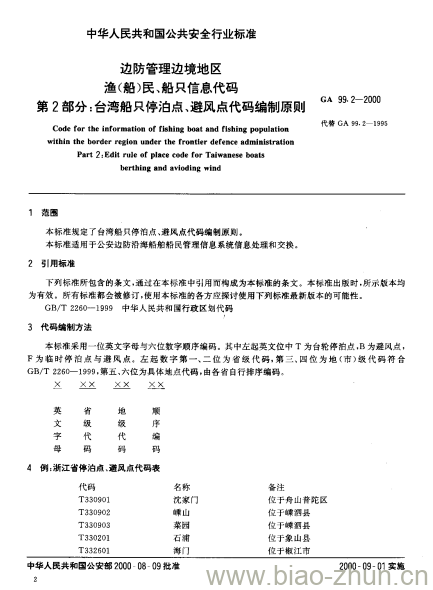 GA 99.2-2000 边防管理边境地区渔(船)民、船只信息代码第2部分:台湾船只停泊点、避风点代码编制原则