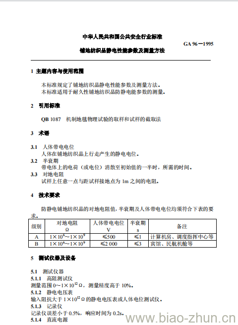 GA 96-1995 铺地纺织品静电性能参数及测量方法