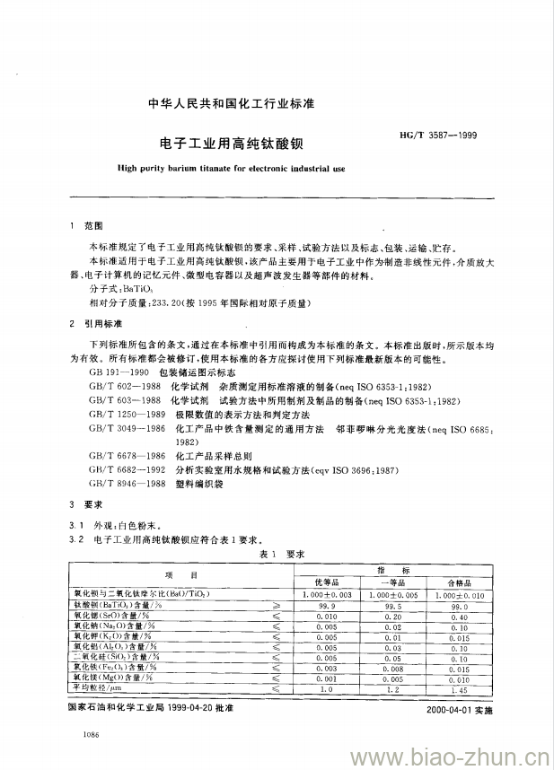 HG/T 3587-1999 电子工业用高纯钛酸钡