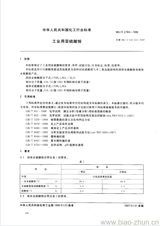 HG/T 2784-1996 工业用亚硫酸铵