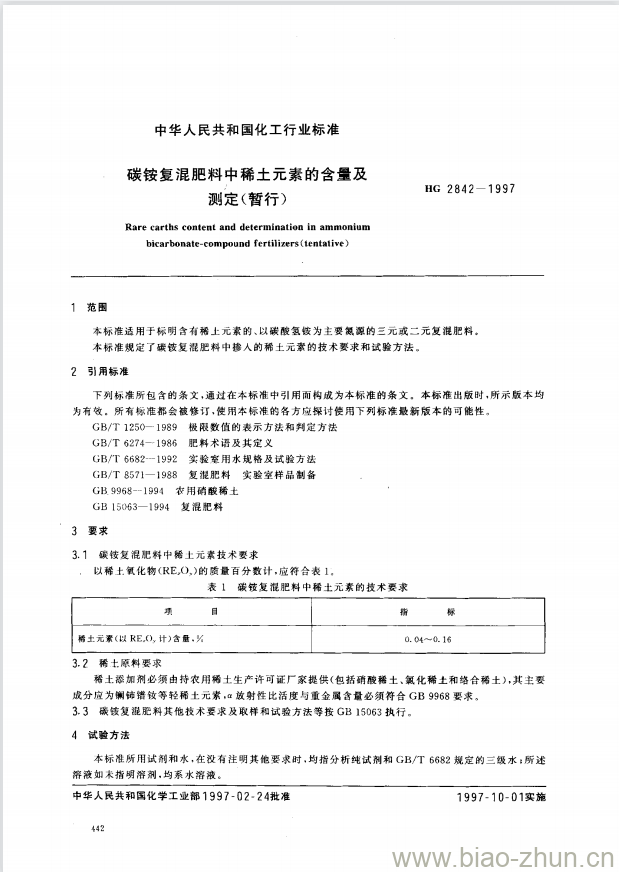 HG 2842-1997 碳铵复混肥料中稀土元素的含量及测定