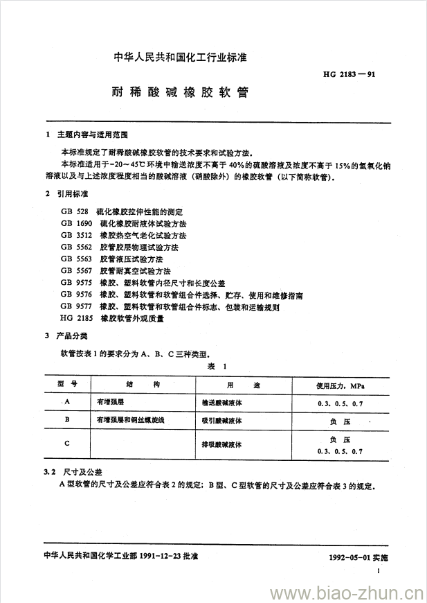 HG 2183-1991 耐稀酸碱橡胶软管