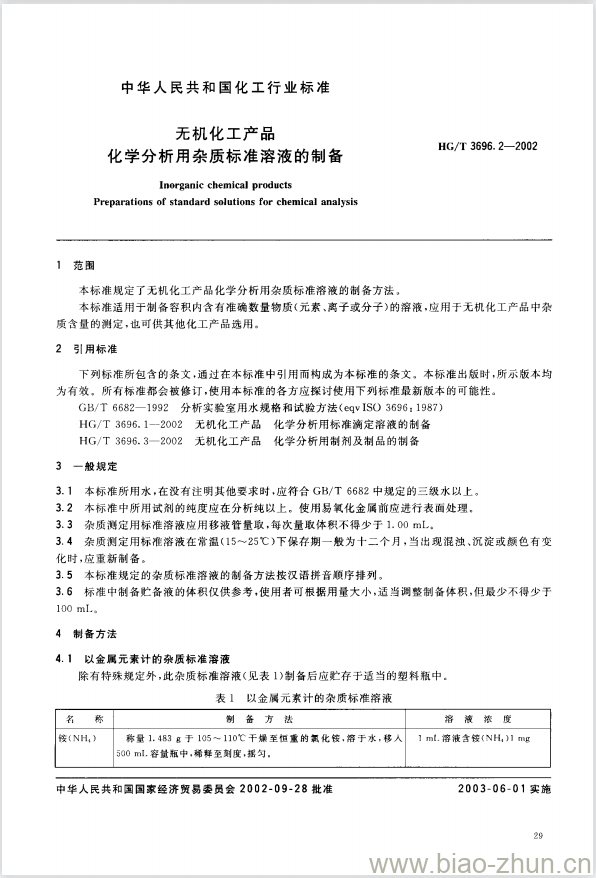 HG/T 3696.2-2002 无机化工产品化学分析用杂质标准溶液的制备