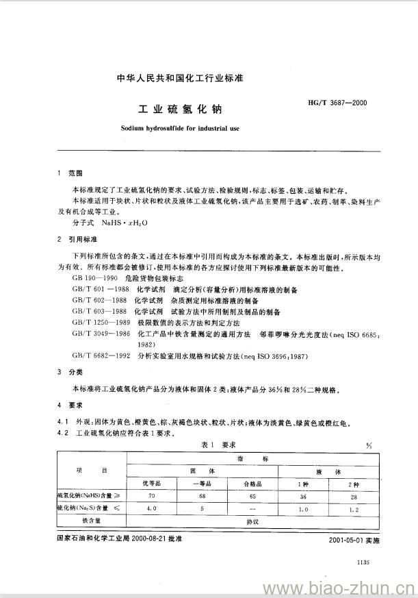 HG/T 3687-2000 工业硫氢化钠