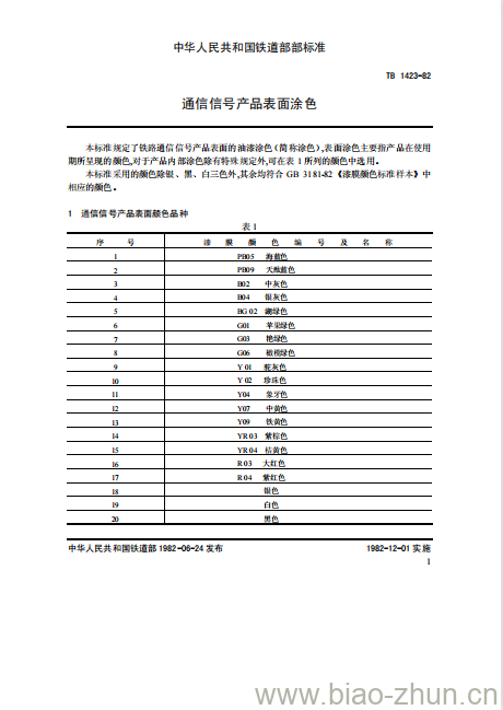 TB 1423-82 通信信号产品表面涂色