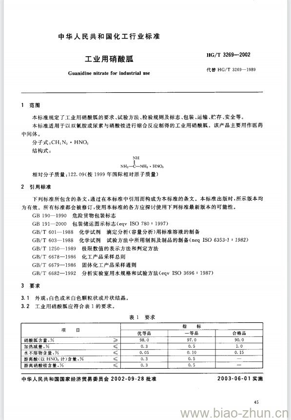 HG/T 3269-2002 工业用硝酸胍