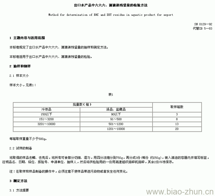 SN 0129-92 出口水产品中六六六、滴滴锑残留量的检验方法