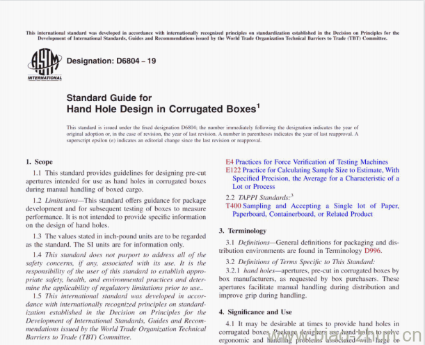 ASTM D6804-19 Standard Guide for Hand Hole Design in Corrugated Boxes