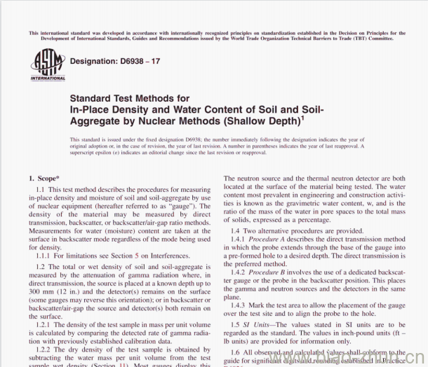 ASTM D6938-17 Standard Test Methods for In-Place Density and Water Content of Soil and Soil-Aggregate by Nuclear Methods (Shallow Depth)