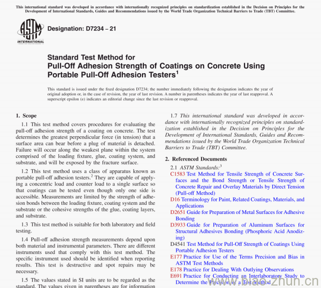 ASTM D7234-21 Standard Test Method for Pull-Off Adhesion Strength of Coatings on Concrete UsingPortable Pull-Off Adhesion Testers