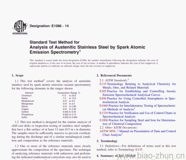 ASTM E1086-14 Standard Test Method for Analysis of Austenitic Stainless Steel by Spark AtomicEmission Spectrometry