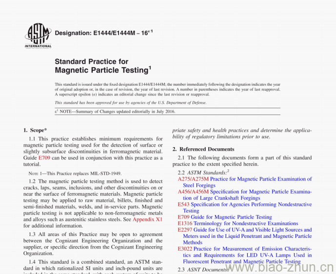 ASTM E1444/E1444M &#8211; 16r1 Standard Practice for Magnetic Particle Testing