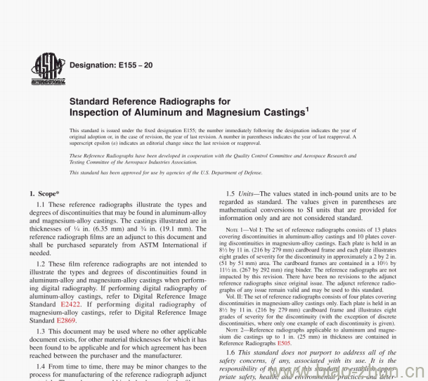 ASTM E155-20 Standard Reference Radiographs for lnspection of Aluminum and Magnesium Castings