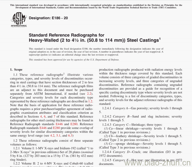 ASTM E186-20 Standard Reference Radiographs for Heavy-Walled (2 to 41/2 in.(50.8 to 114 mm)) Steel Castings