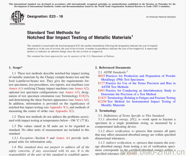 ASTM E23-18 Standard Test Methods for Notched Bar Impact Testing of Metallic Materials