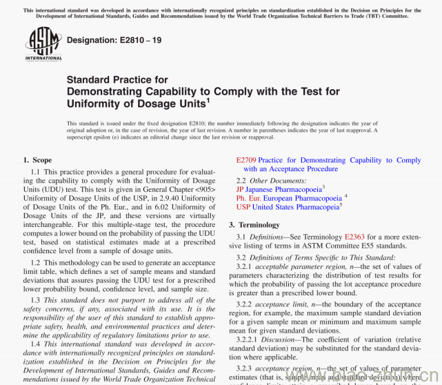 ASTM E2810-19 Standard Practice for Demonstrating Capability to Comply with the Test forUniformity of Dosage Units