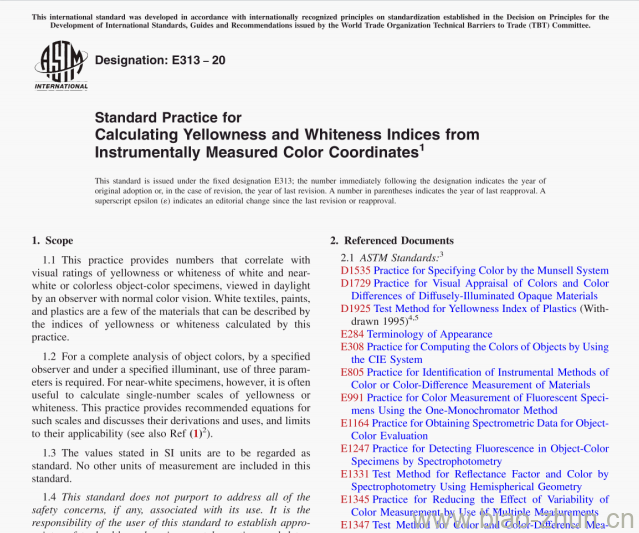 ASTM E313-20 Standard Practice for Calculating Yellowness and Whiteness Indices fromlnstrumentally Measured Color Coordinates