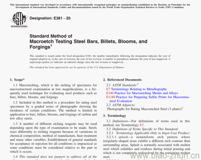 ASTM E381-20 Standard Method of Macroetch Testing Steel Bars,Billets,Blooms, andForgings