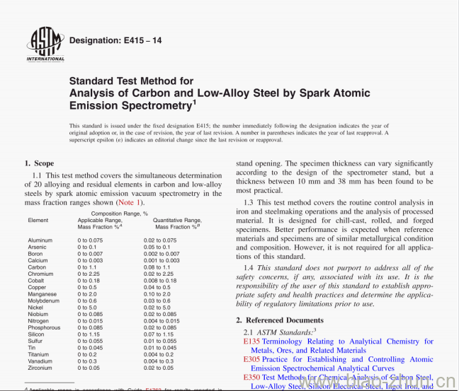 ASTM E415-14 Standard Test Method for Analysis of Carbon and Low-Alloy Steel by Spark AtomicEmission Spectrometry