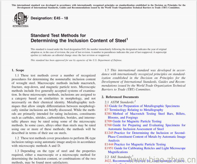 ASTM E45-18 Standard Test Methods for Determining the Inclusion Content of Steel