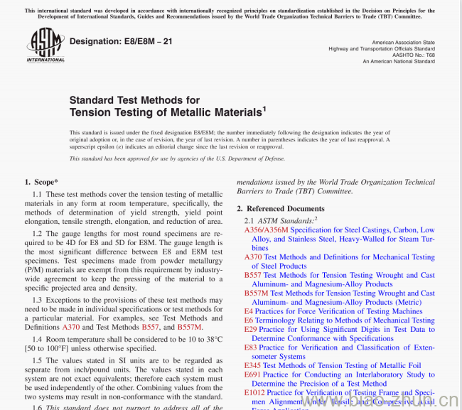 ASTM E8/E8M-21 Standard Test Methods for Tension Testing of Metallic Materials