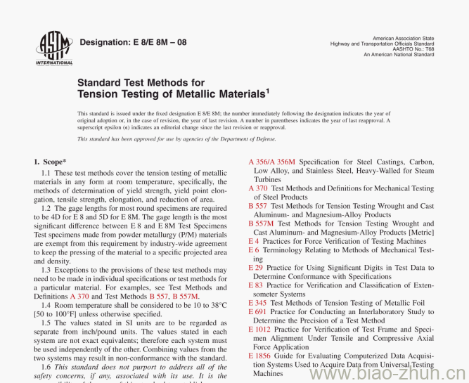 ASTM E8/E8M-08 Standard Test Methods for Tension Testing of Metallic Materials