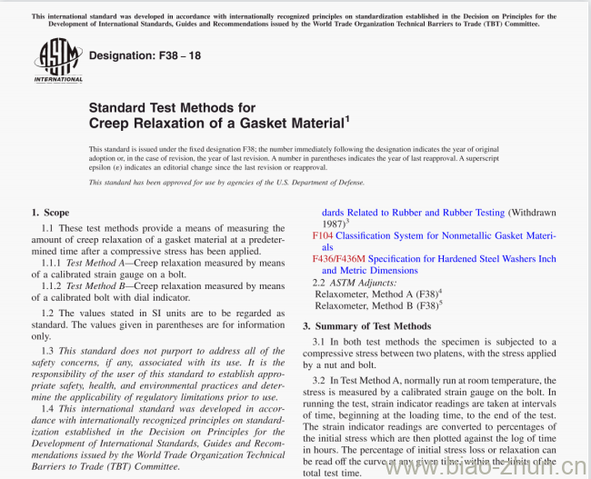 ASTM F38-18 Standard Test Methods for Creep Relaxation of a Gasket Material