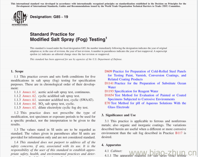 ASTM G85-19 Standard Practice for Modified Salt Spray (Fog)Testing