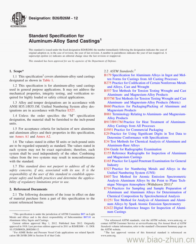 B26/B26M-12 Standard Specification for Aluminum-Alloy Sand Castings