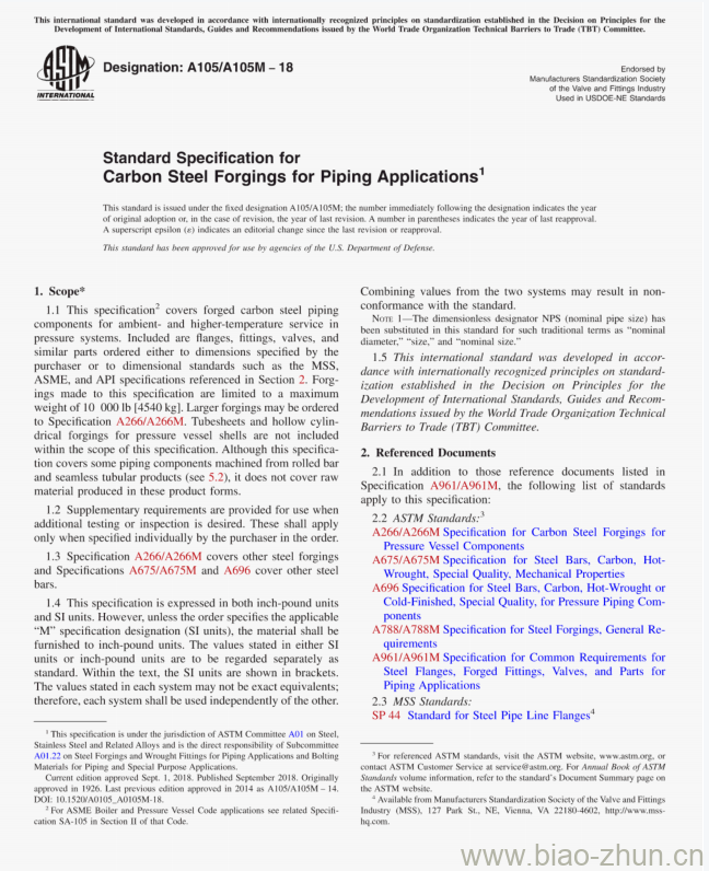 A105/A105M- 18 Standard Specification for Carbon Steel Forgings for Piping Applications