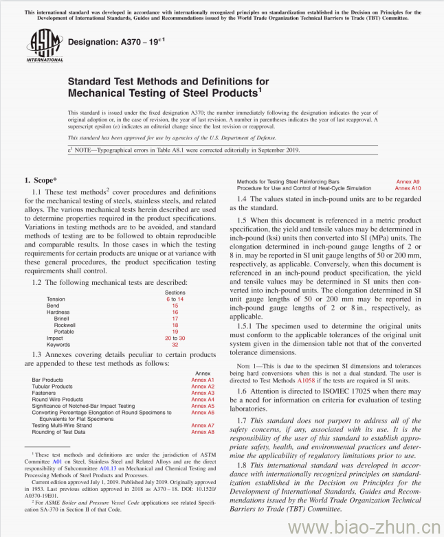 A370 -191 Standard Test Methods and Definitions forMechanical Testing of Steel Products