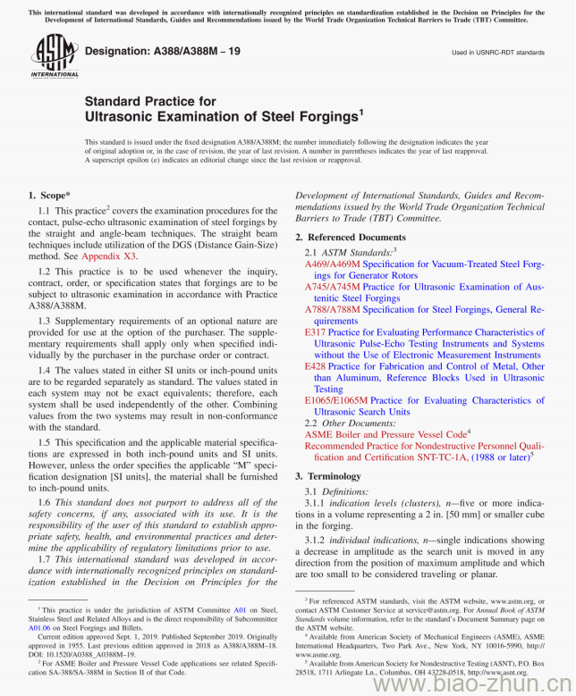 A388/A388M -19 Standard Practice for Ultrasonic Examination of Steel Forgings