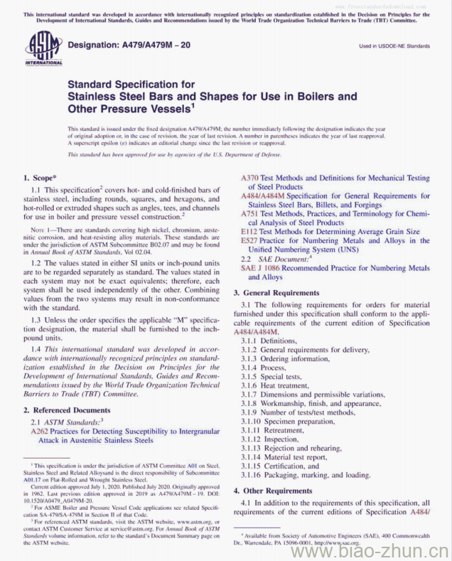 A479/A479M &#8211; 20 Standard Specification for Stainless Steel Bars and Shapes for Use in Boilers andOther Pressure Vessels