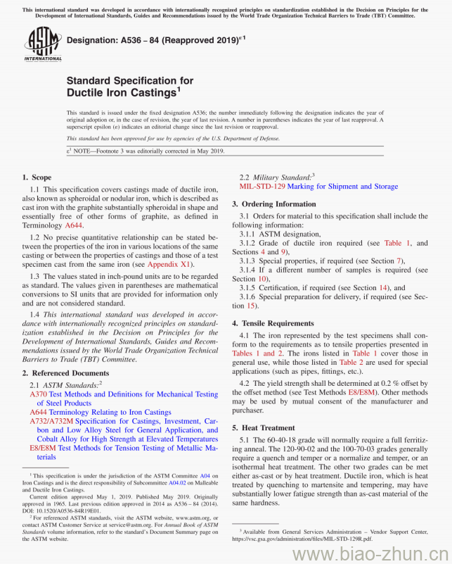 A536- 84 (Reapproved 2019)s1 Standard Specification for Ductile lron Castings