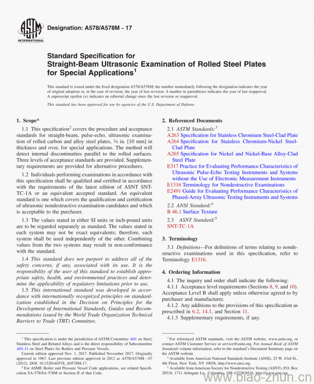 A578/A578M &#8211; 17 Standard Specification for Straight-Beam Ultrasonic Examination of Rolled Steel Platesfor Special Applications