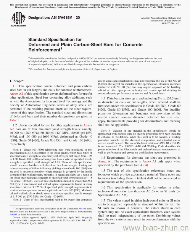 A615/A615M &#8211; 20 Standard Specification for Deformed and Plain Carbon-Steel Bars for ConcreteReinforcement