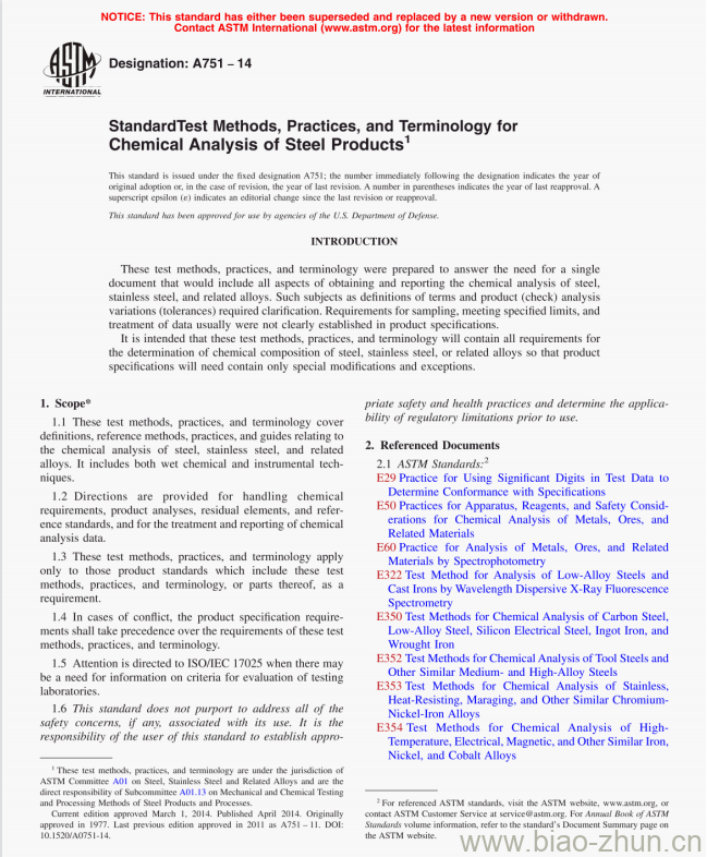 A751-14 StandardTest Methods,Practices, and Terminology forChemical Analysis of Steel Products