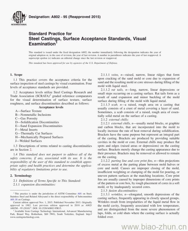 A802-95 (Reapproved 2015) Standard Practice for Steel Castings, surface Acceptance Standards，VisualExamination