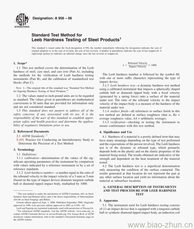 A 956-06 Standard Test Method for Leeb Hardness Testing of Steel Products